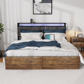 Full Bed Frame with RGB Lights, 2 Drawers, Headboard and Fast Charger - Rustic Brown, Easy Assembly with Storage, No Box Spring Needed