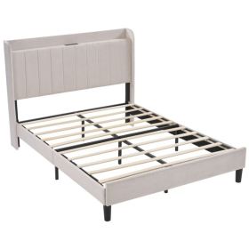Queen Size Velvet Bed Frame with Charging Station and Storage Shelf, Upholstered Platform Bed with Vertical Channel Tufted Wingback Headboard