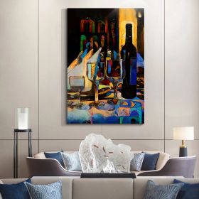 Framed Canvas Wall Art Decor Abstract Style Painting,Wine Bottle with Glasses on Bar Painting Decoration For Bar, Restrant, Kitchen, Dining Room (Color: as Pic)