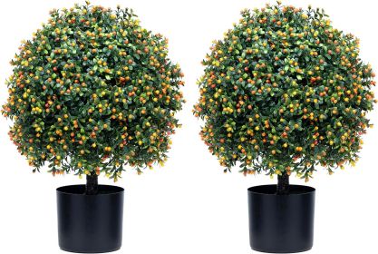 Two 20" Artificial Boxwood Topiary Ball Trees, UV Resistant House Plants, Artificial Bud Trees for Indoor and Outdoor Home Gardens (Orange Flowers, 2) (Color: Orange)
